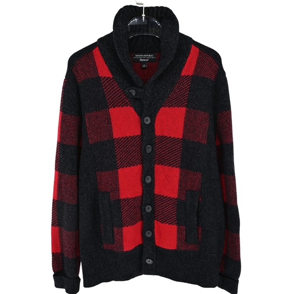 Banana Republic Other - Banana Republic Buffalo Plaid Shawl Collar Cardigan Mens Large Red Black Merino